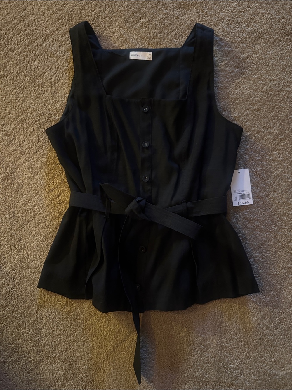 Nine West Black Sleeveless Peplum Button-Front Top with Tie Waist